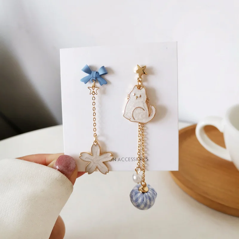 

New Trend Korean Cute Cat Flower Dangle Earrings For Women Lovely Animal Rabbit Kitten Asymmetric Tassel Earring Party Jewelry