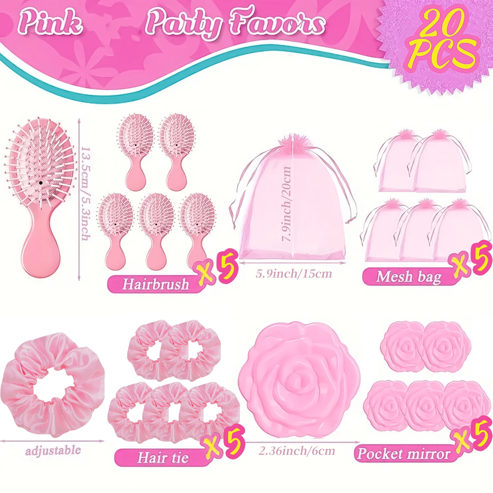 Bridal shower gifts pink hair brush pink makeup mirror organza bag wedding hair accessories bridesmaid birthday party 20pcs hair accessories