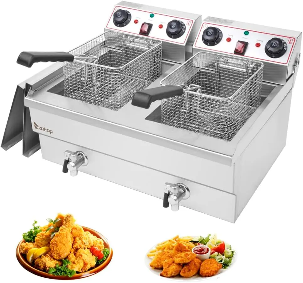 25QT/23.6L Commercial Deep Fryer with Basket and Lid, 3400W Electric Fryer with Adjustable Temperature & Timer, Stainless Steel