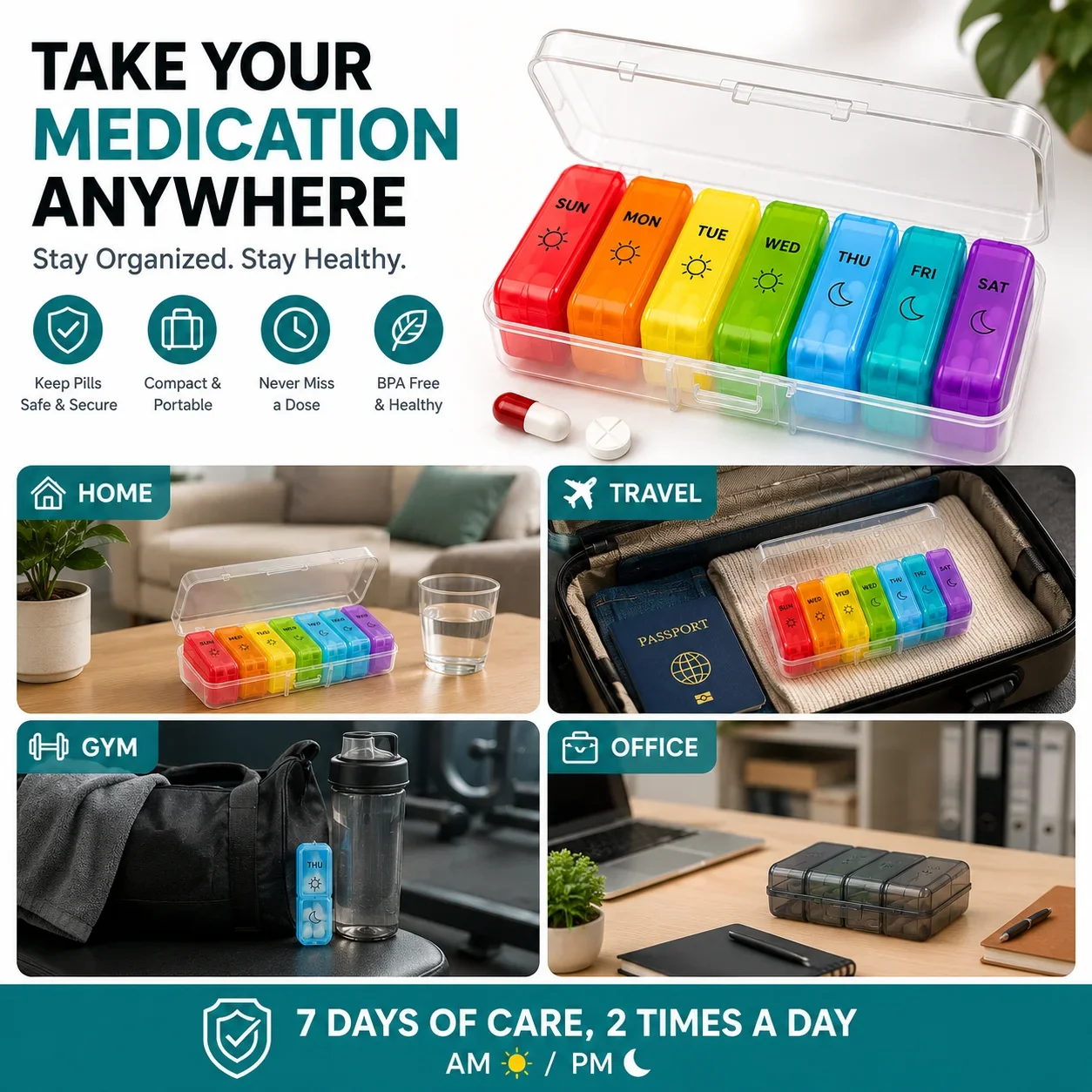 7-Day Weekly Pill Organizer with Secret Compartments, Portable Travel Medicine Storage Box