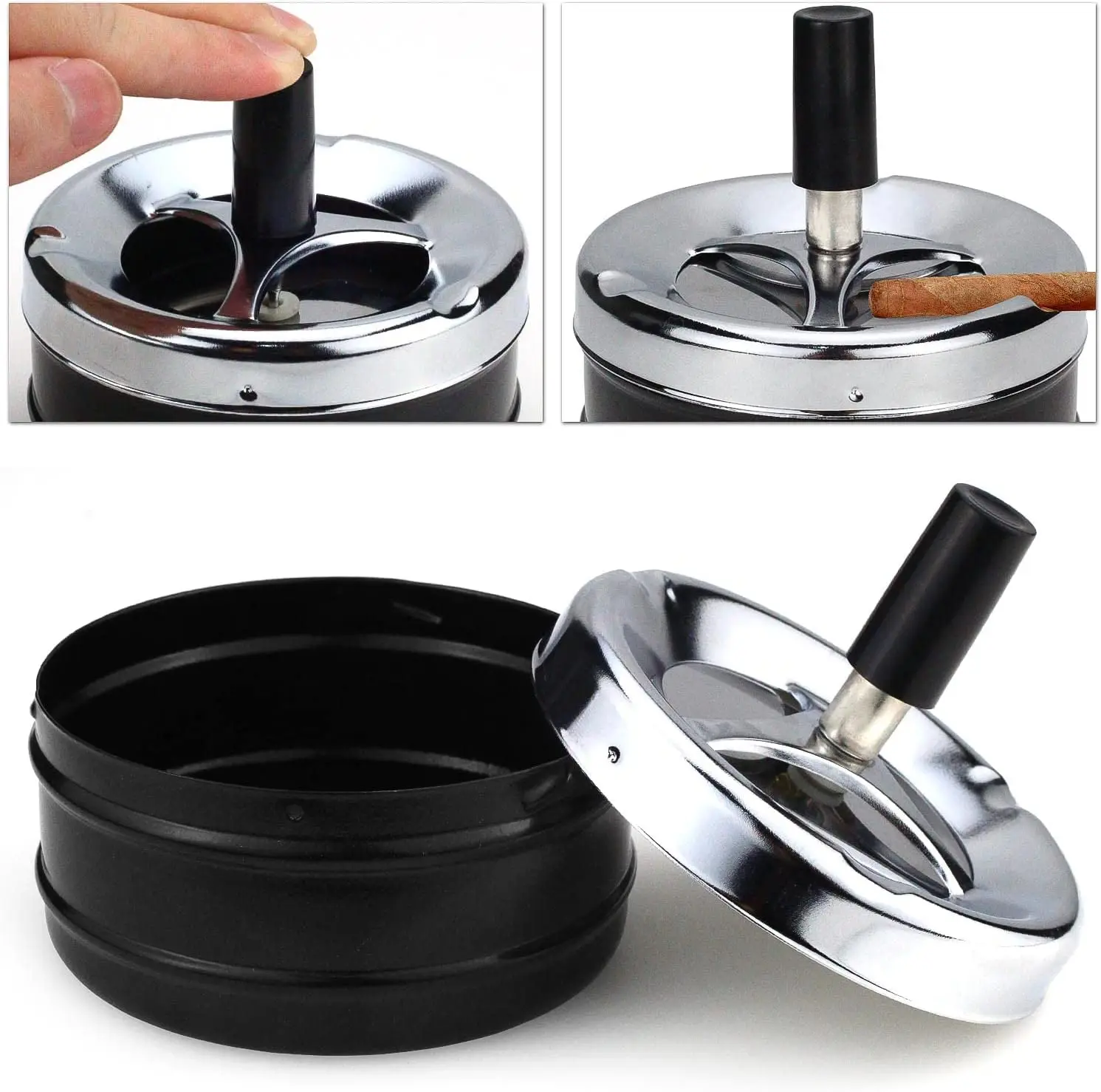 Cool Ashtray Stainless Steel Push Down Spinning Ashtray Self-Cleaning Ashtray With Lid Cover Ash Tray for Cigarette Smoking 4