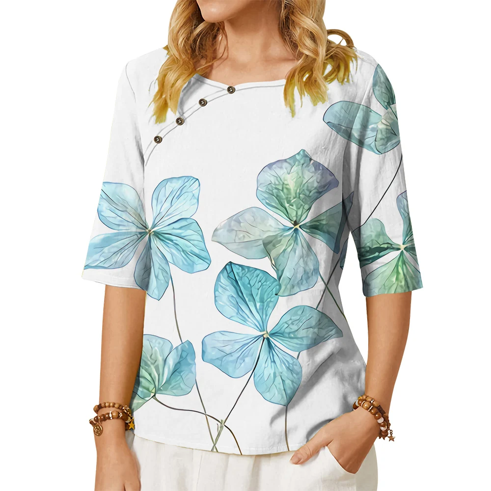 

CLOOCL Fashion Women T-shirt Lucky Clovers Pattern 3D Printed Tees Button Decorate Middle Sleeve Tees Loose Casual Blouses