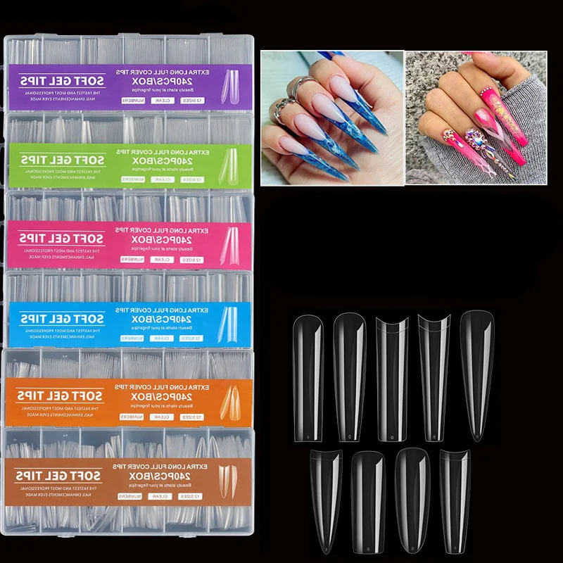 240 Pieces XXL Fake Nails Extra Long Ballet Nails Press-On Nails Full Cover Matte Gel Nail Tips Nail Art American Capsule Fake Nail Tips