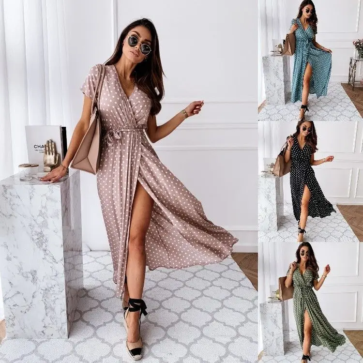 

2024 Summer New Short Sleeve V-Neck Boho Style Polka-Dot Print One-Piece Front Split Lace-Up Commuter Dress Ankle Dress