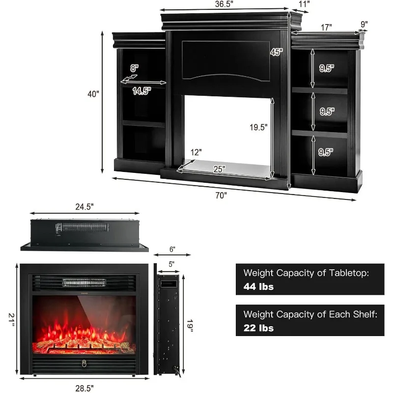 Tangkula 70" Mantel Fireplace TV Stand,750W/1500W Electric Fireplace Heater Insert Cabinet w/Remote Control,Timer,3-Color Flame