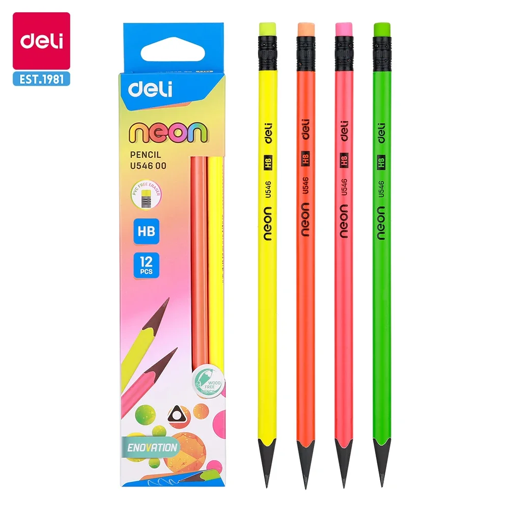 Deli 12pcs/Lot HB Wood-free Pencil with No-Toxic Eraser for Student Children Writing Lapiz for School Supplies Stationery sunlu best seller 3d printer wood pla filament 1kg with spool children creative model material non toxic 1 75mm wood filament