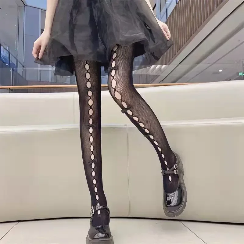 Lolita Cosplay Girls Bowknot Hollow Out Pantyhose Sexy Thin Ins Tide Lace Tights Anime Socks Black White Fishnet Silk Stockings fishnet stockings