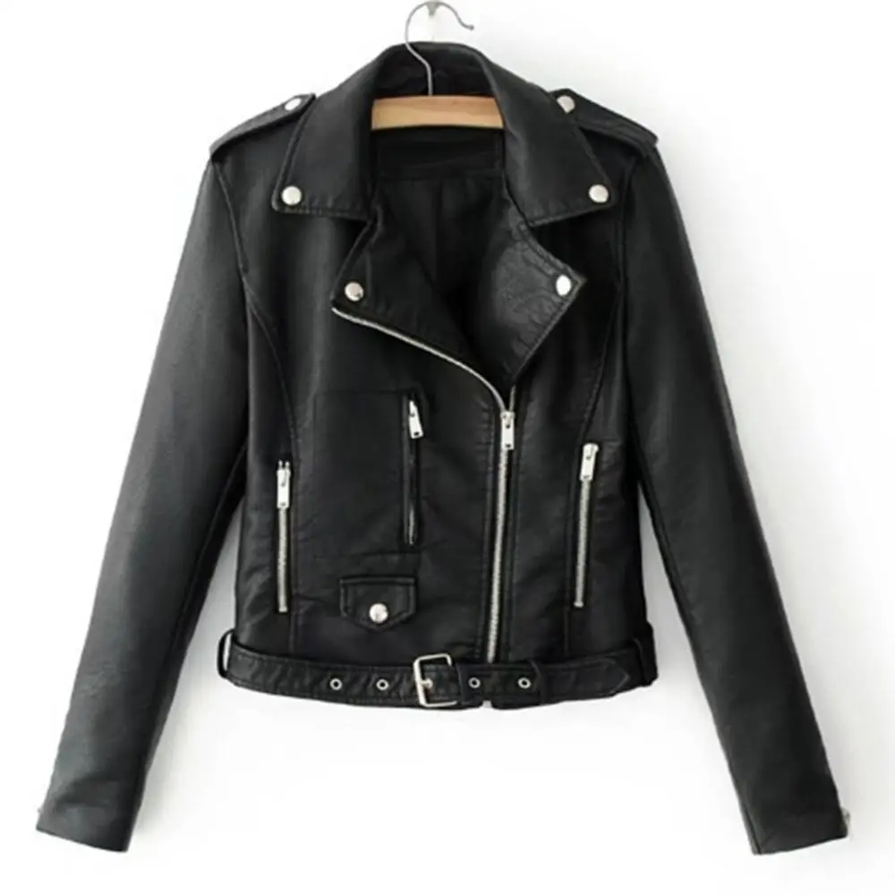 Faux Leather Women Jacket Zipper Button Pocket Short Coat Casual Turndown Collar PU Motorcycle Jackets Loose Women Outerwear