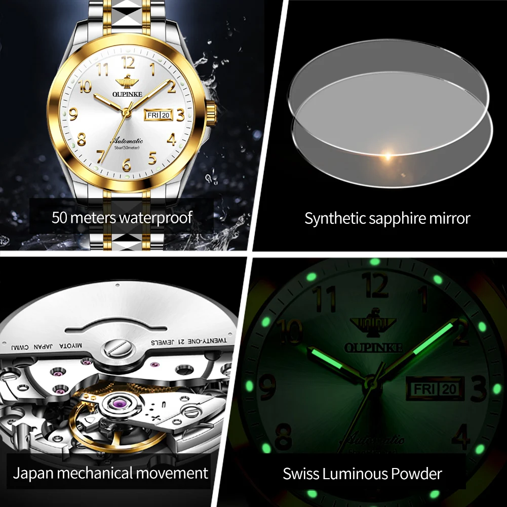 OUPINKE 3228 Man Watch Number Scale Dual Calendar Mechanical Watch For Men Sapphire Mirror Top Brand Waterproof Men's Wristwatch