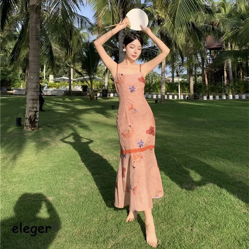 

Summer Women's Vintage Floral Vacation Dress Midi Long Slim Ruffle Lace-Up Gentle Elegant Chic Sexy 2023 New Semi Formal Dresses