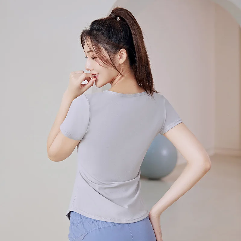 

T040 Summer V-neck sports short sleeve quick dry stretch short sleeve solid color slimming T-shirt woman