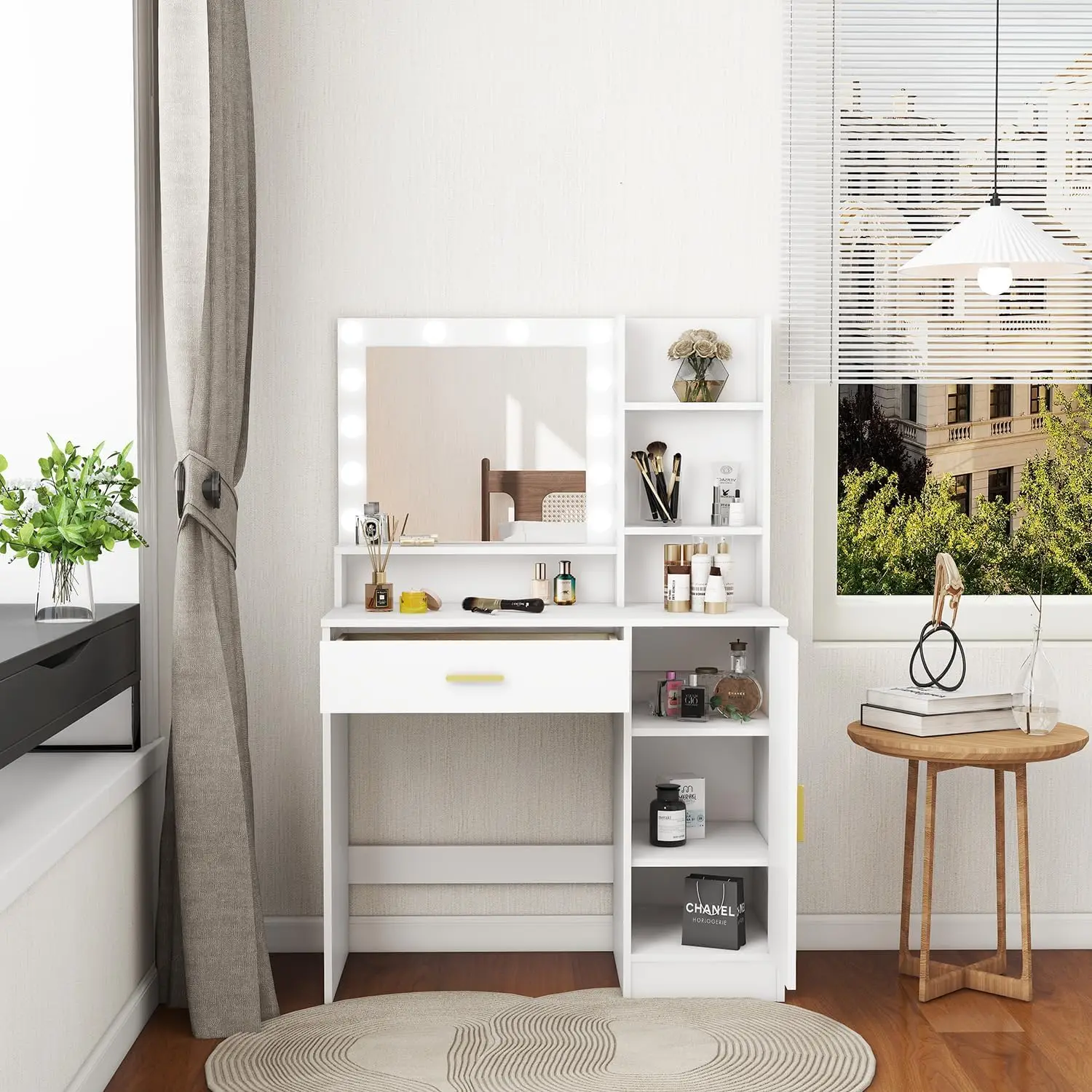 Vanity Desk Vanity Mirror with Lights and Table Set with 1 Big Drawers 1 Cabinet & 4 Shelves Makeup Vanity Set 3 Lighting Modes