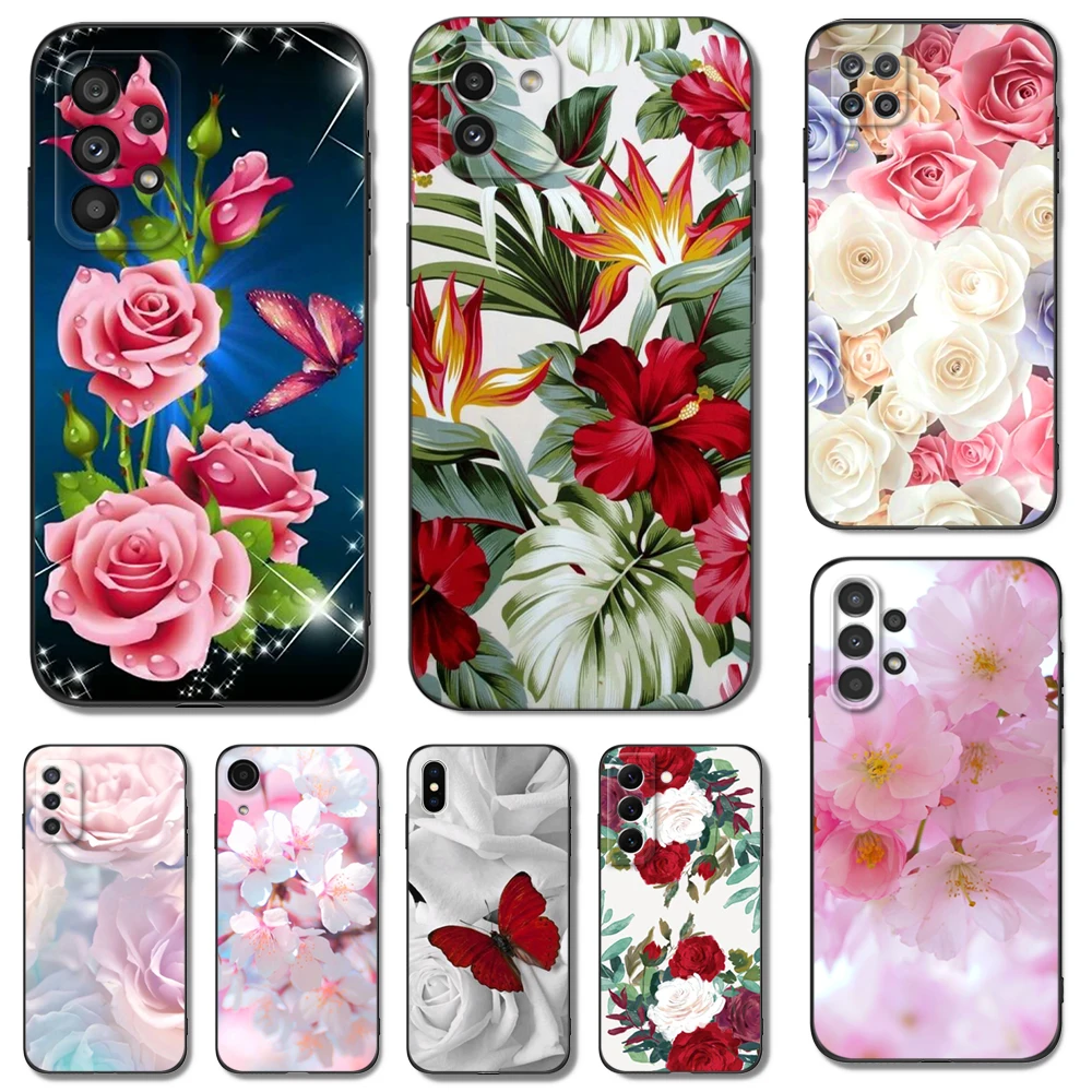 Custodia In Tpu Nero Per Samsung Galaxy S23 S22 S20 S21 Fe Plus Ultra + S10 E Lite Cover Farfalla Rossa Su Rose Flower Clear
