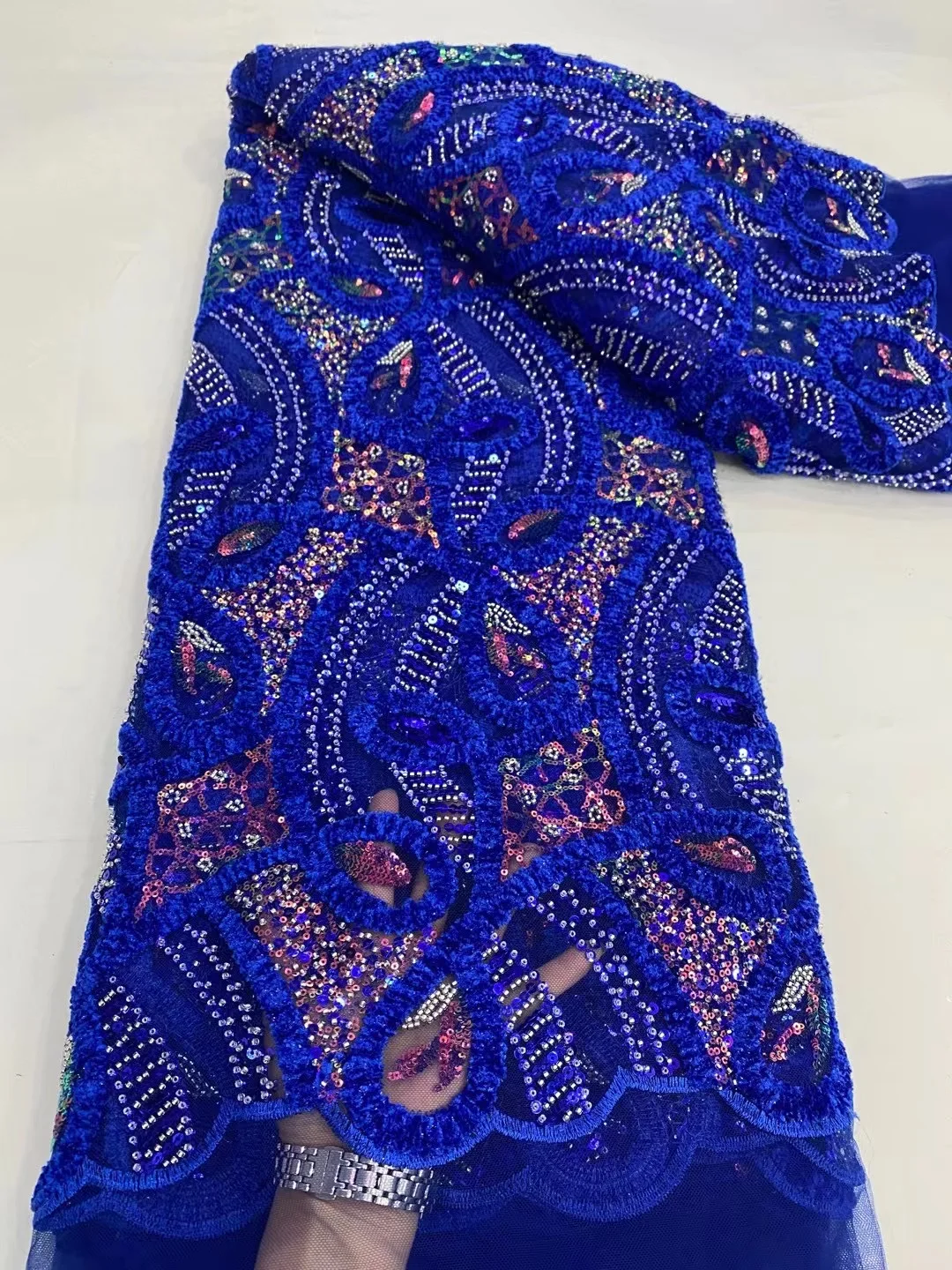 

Royal Blue French Sequins Tulle Velvet Lace Fabric Embroidery Nigerian 2023 Handmade Luxury Beaded Lace For Women Party Dresses