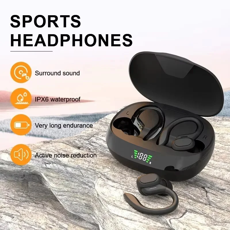 Auricolari wireless Sport 5.3 Cuffie con microfono con cancellazione del rumore 75H HiFi Stereo Over Ear Bud Display a LED USB-C IPX6 - immagine 2