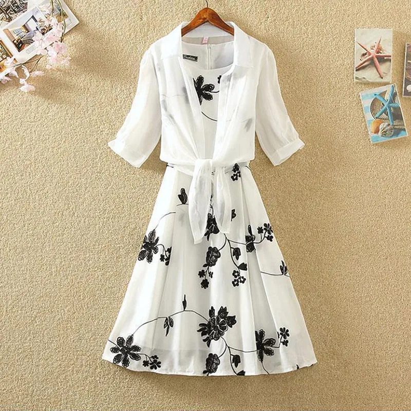 

Summers Fashion Floral Printing Elegant Tank Dress White Lace Up Shirt Set Ladies Sleeveless Waist Vestidos Women's Casual Robe