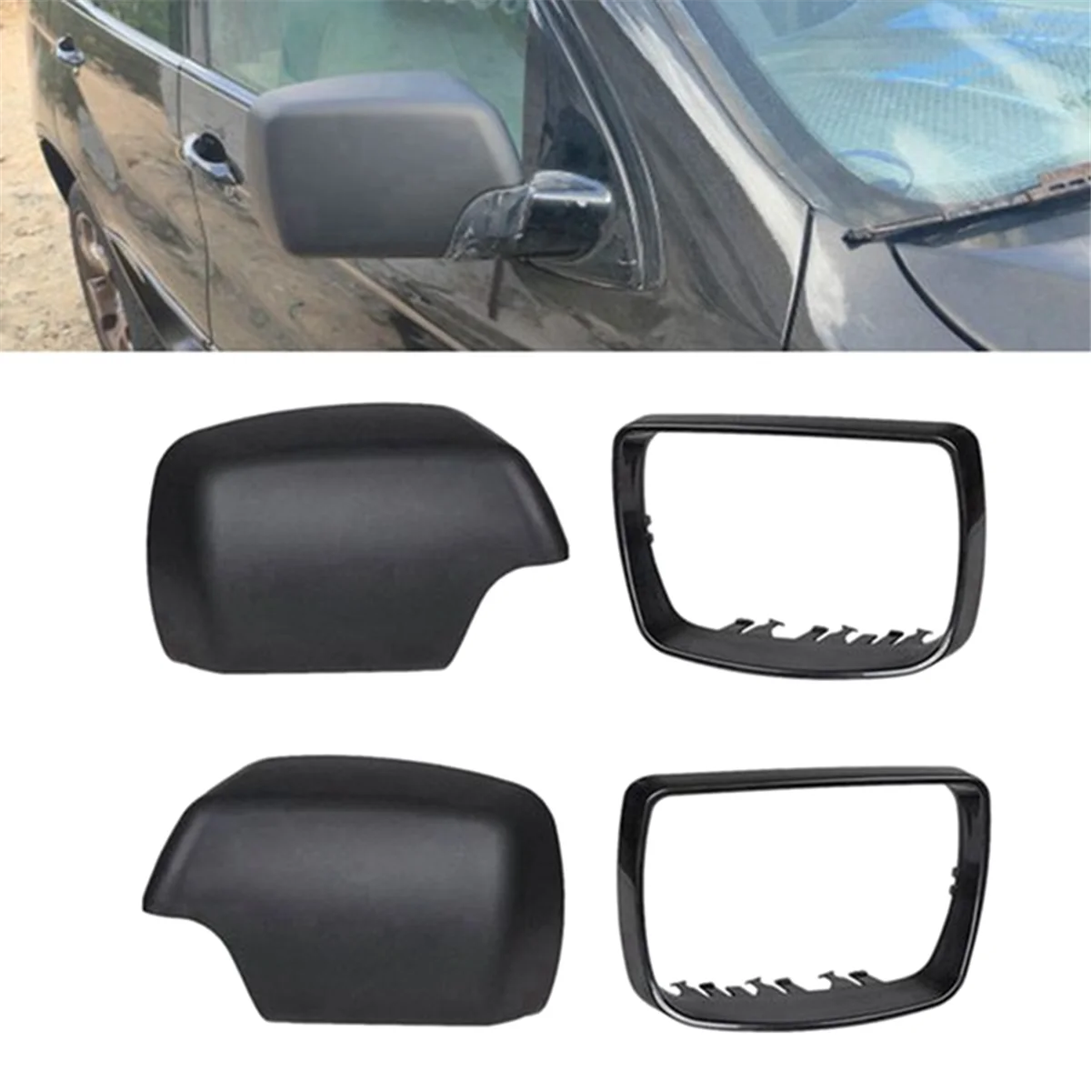 

Car Black Rearview Mirror Cover Shell Side Mirror Caps with Frame Replacement for BMW E53 X5 2000-2006