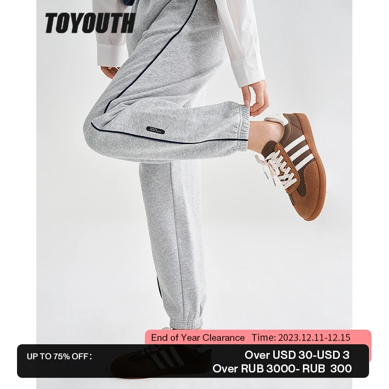 

Toyouth Women Fleece Sweatpants 2022 Winter Elastic Waist Straight Long Trousers Side Line White Gray Warm Casual Sport Pant
