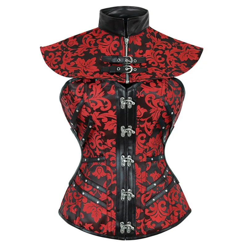 

Black Red Corsets Steampunk Women Sexy Gothic Clothes Underbust Gothic Retro Bustier Bodice Femme Faux Leather Punk Corset Set