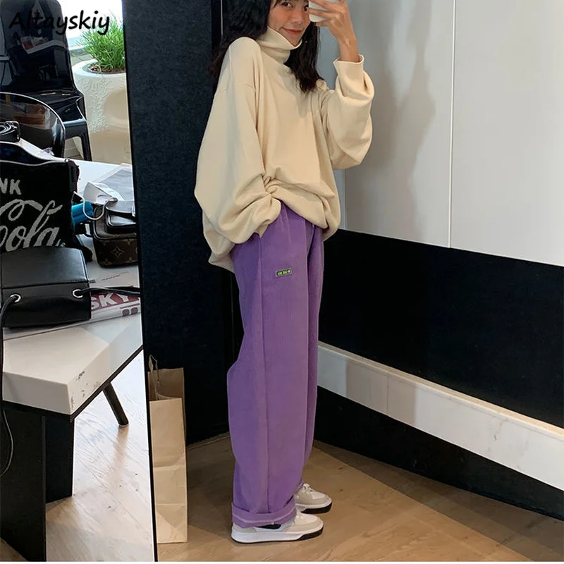 

Spring Casual Pants Women Corduroy Wide Leg High Waist Drawstring Solid Ulzzang Hipster Vintage All-match Student Normcore Chic