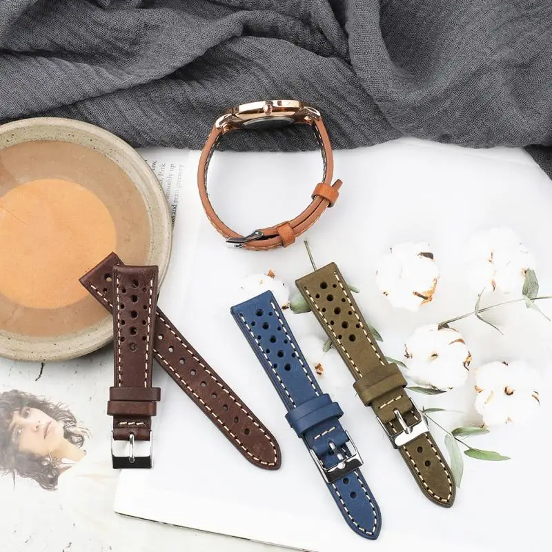 Breathable Porous Genuine Leather Watch Band 18mm 19mm Vintage Cowhide Men Watch Strap Replacement Belt for DW Watch Bracelet