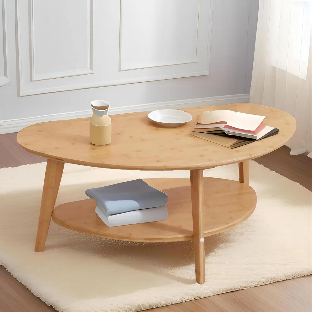 Mid Century Modern Coffee Table with Storage Shelf, Medium Oval Coffees Tables for Living Room