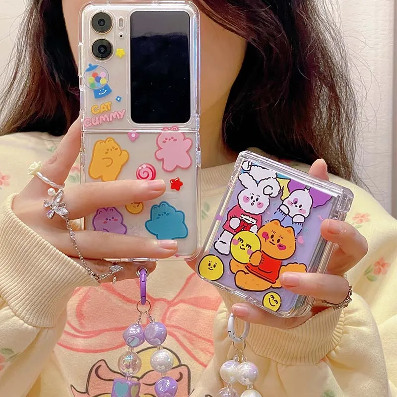 Ins Rabbit Bear Cat Yummy Colorful Pc Hard 3 In 1 Shell Per Oppo Find N2 Flip 5G N2Flip N 2 Cartoon Cute Phone Case