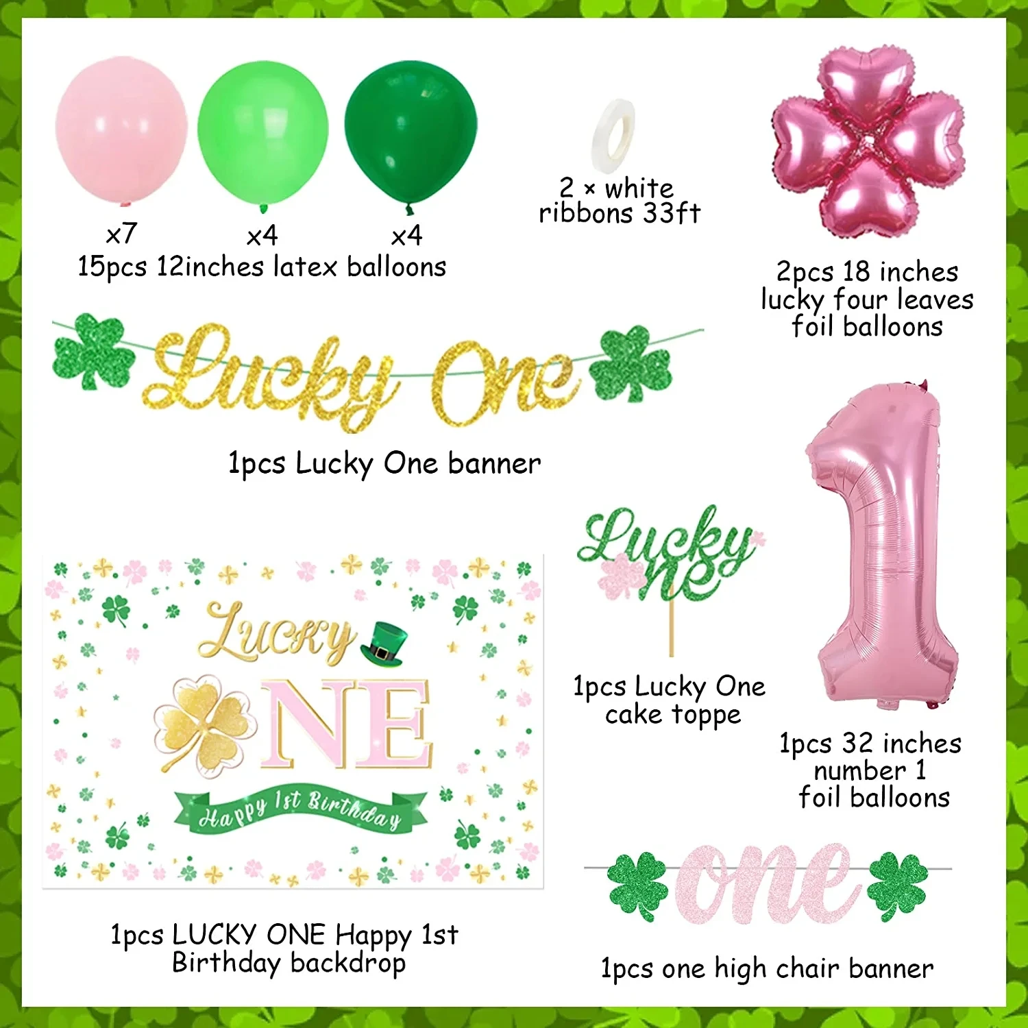 Lucky One Birthday Decorations, St. Patrick's Day 1st Birthday Party  Decorations, Lucky One 1st Birthday Party Supplies for Girl, Lucky Four  Leaf