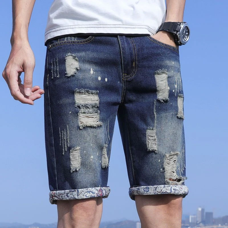 thumbnail image 1 of Pantalones cortos de mezclilla hasta la rodilla para hombre, de media longitud, rasgados, rectos, finos, ajustados, a la moda coreana, pantalones cortos retro de talla grande para hombre, 1 of 4