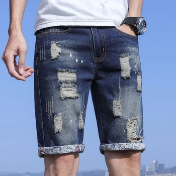 남성용 무릎 길이 데님 반바지, 하프 롱 찢어진 스트레이트 얇은 한국 패션 스판스, 루드 Xl Jorts, 레트로 짧은 청바지