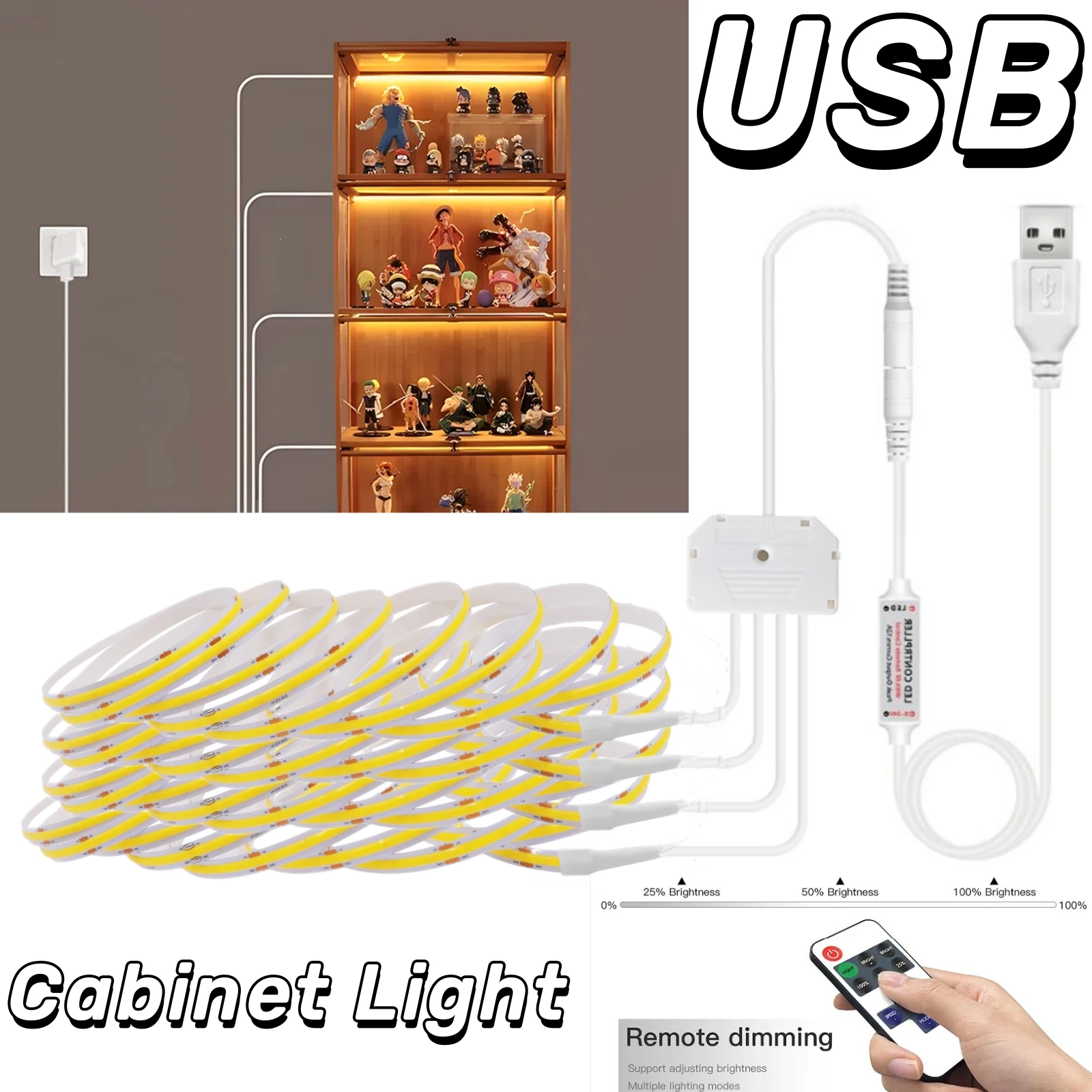 5V USB Dimmable COB LED Under Cabinet Light Strip 5M 10M 20M 30M Kitchen TV Backlight Diode Tape Lamp With RF Remote Control
