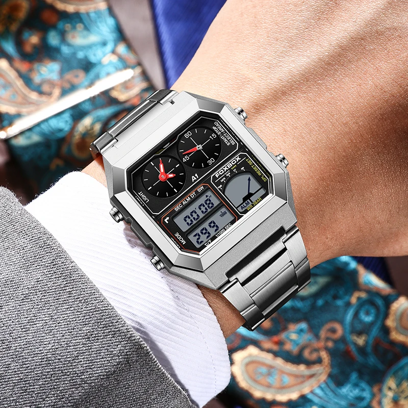 FOXBOX Men Watches Stainless Steel Quartz Business Dual Display Watch 24-Hour Chronograph Waterproof Multifunctional Wristwatch