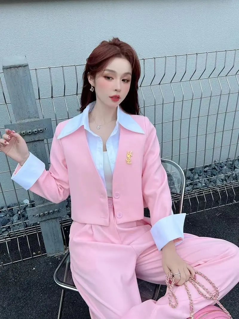 Korean Patchwork Long Sleeved Jacket Coat Casual Wide Legged Pants Two-piece Elegant Women's Pants Set Office Summer Outfits