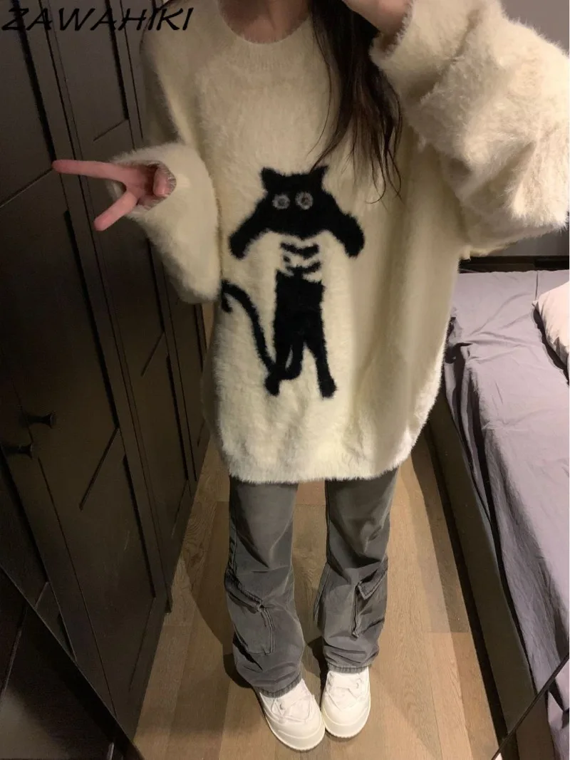 

ZAWAHIKI Fall Winter Cartoon Cat Loose O-neck Casual Knitted Pullovers Casual All Match Kpop Chic Japanese Sweet Sweater Women