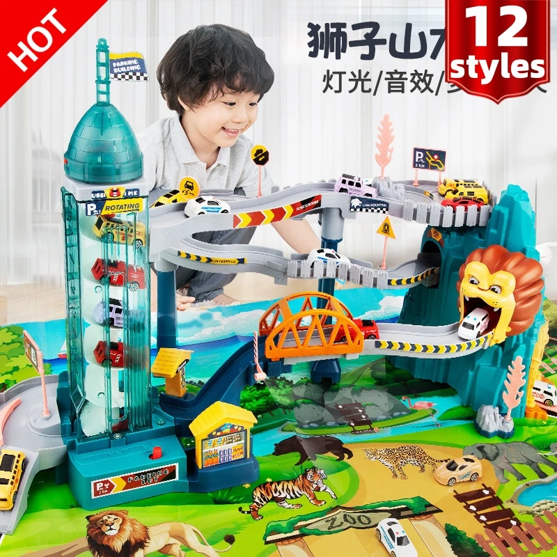 Electric Rail Car Dinosaur Building Parking Lot Adventure Racing Children Mechanical Interactive festival birthday Kid gift Toy track parking lot toys children s multi storey car parking building fire police engineering dinosaur car toys