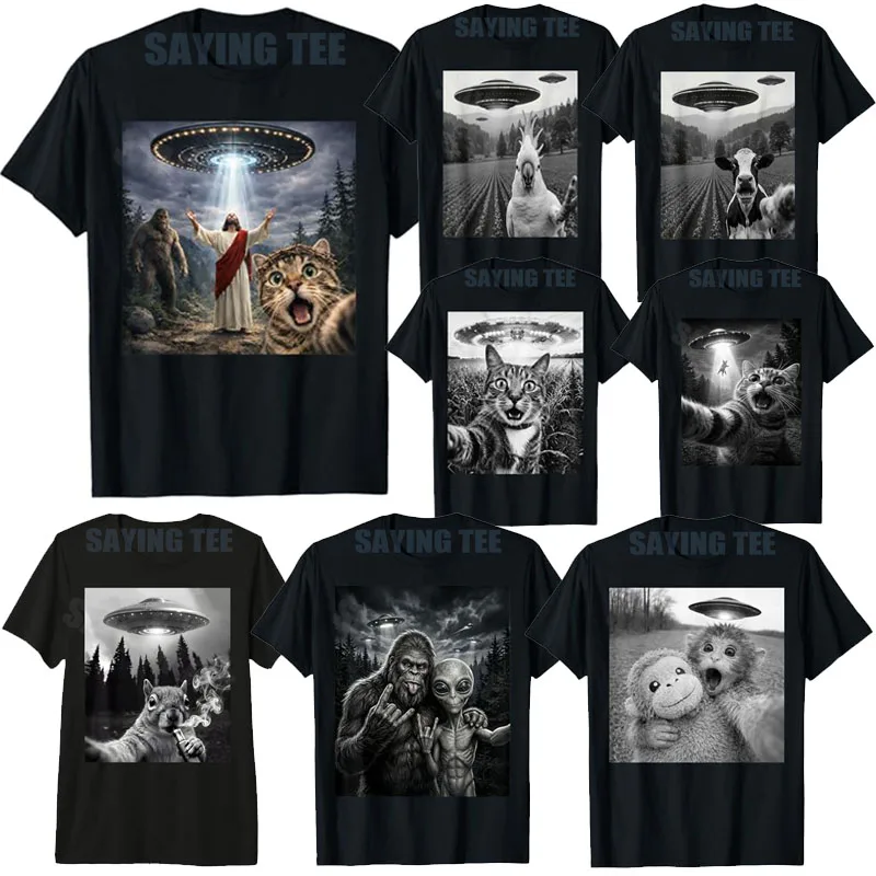Y2K UFO Alien Katze Bigfoot Selfie Ästhetisches Spruch-T-Shirt Humor Kakadu Vogel Affe Pudel Hund Selfie Sci-Fi UFO Jesus T-Shirt Geschenk