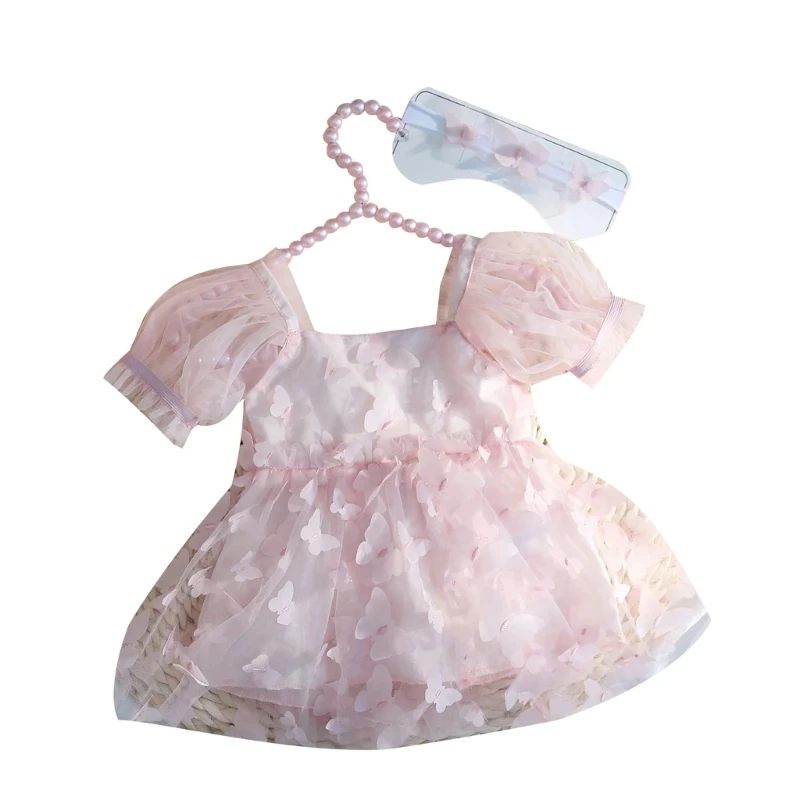 Newborns Butterfly Embroidery Dress with Matching Headband for Photography K1KC