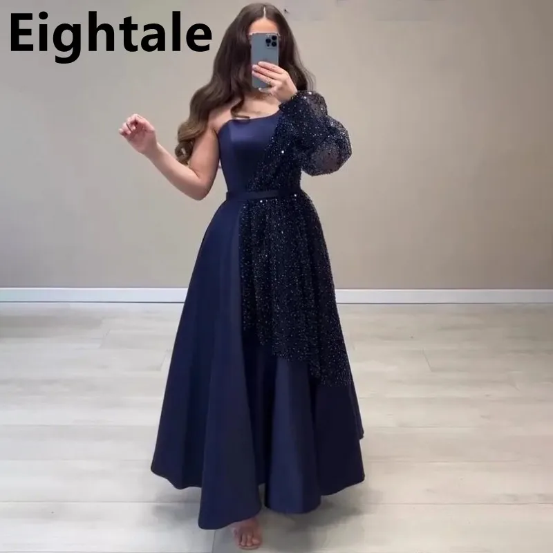 

Eightale 2024 Navy Blue A Line One Sleeve Sequin Evening Dress For Wedding Party Formal Prom Dress Dubai Party Gown