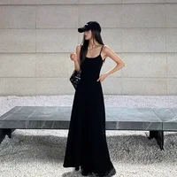 MEXZT Black Stap Long Dress Women Streetwear Sleeveless A Line Dresses Y2K Korean Slim Sundress Summer Elegant Casual Vestidos
