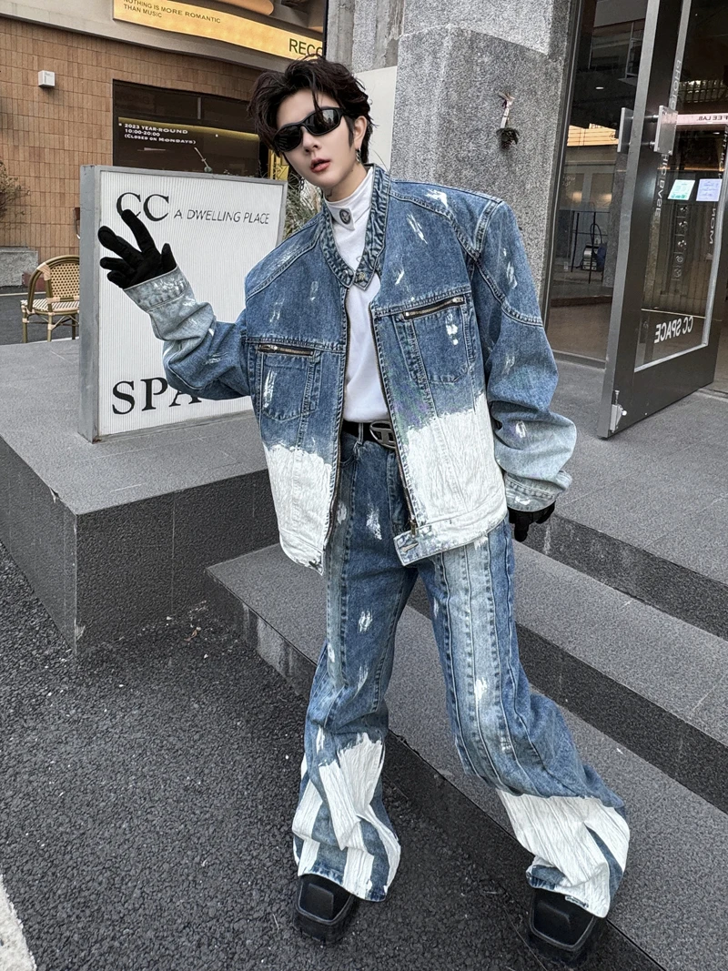 

SYUHGFA 2024 Spring Men's Denim Suit Personalized Pockets Male Stand Collar Jackets High Street Painting Men Wide Legs Pants