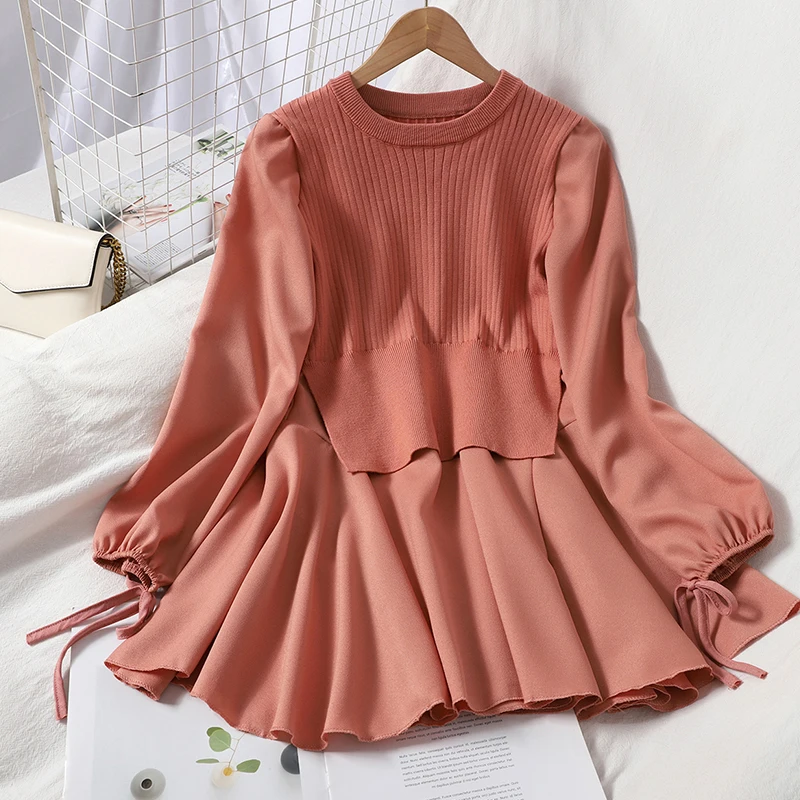 

Women's Spring Autumn Dress Fashionable Fake-Two Pieces Knitting Patchwork Solid Color Mini O-Neck Lace-Up Casual A-Line Dresses