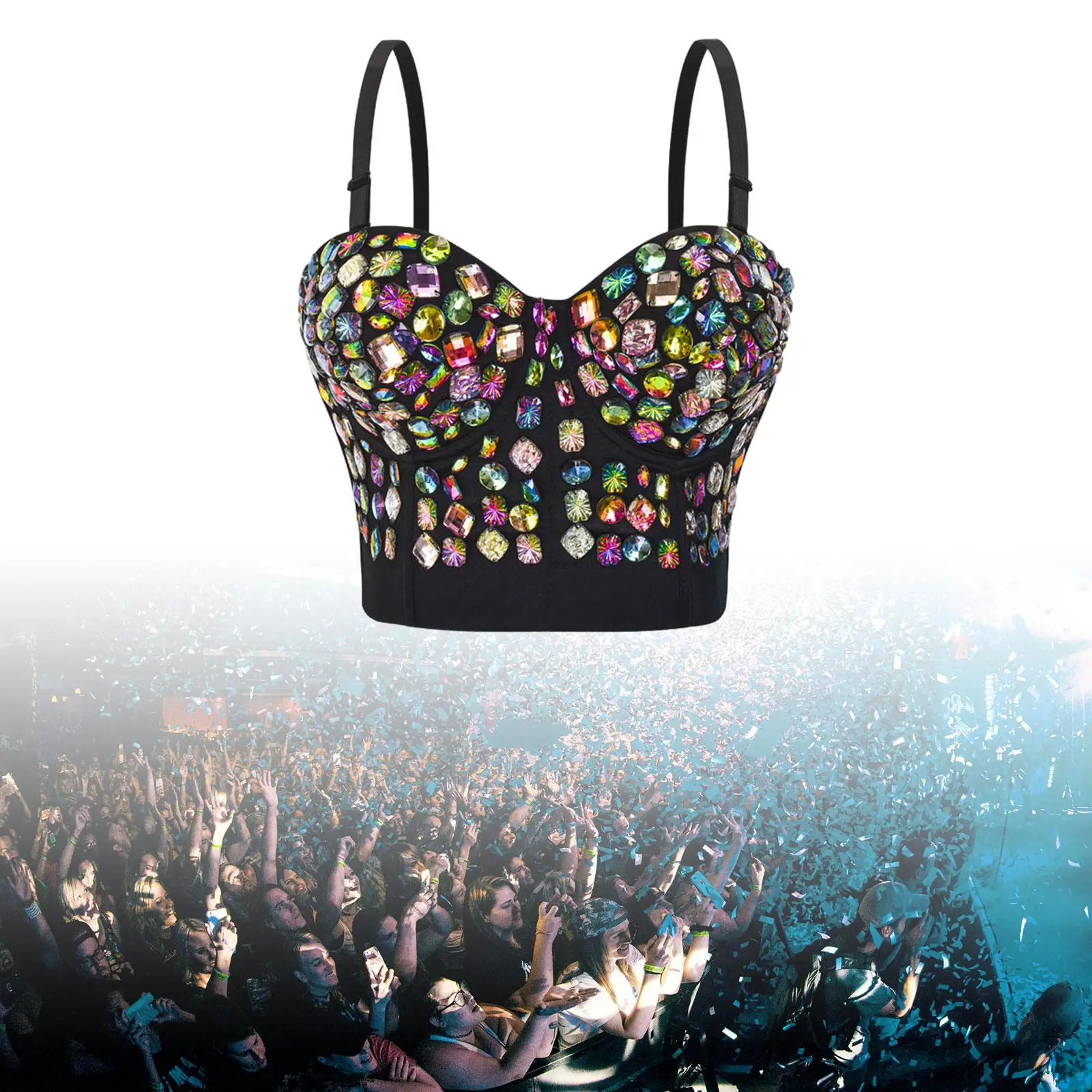 Rhinestone Bustier Top Removable Straps Outerwear Bra Glitter Crop Top Bra Bling Corset for Club Party Stage Performance