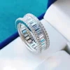 Trendy S925 Silver Ring with Double Row of Diamonds Gear Design Green Emerald Cut Handmade Jewelry Square Mosaic Personality