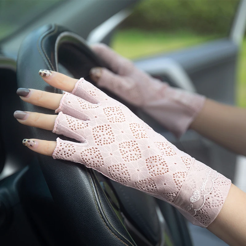 

Spring Summer Women's Hollow Out Sunscreen Half Finger Gloves Lady's Anti-uv Slip-resistant Touchscreen Driving Gloves R648