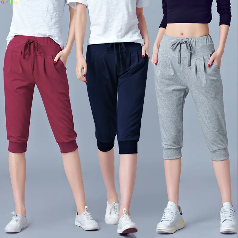 Women Blue High-waisted Stretch Cropped Pants, Summer Gray Lightweight Athletic Harem Pants, Black Drawstring Shorts. 4