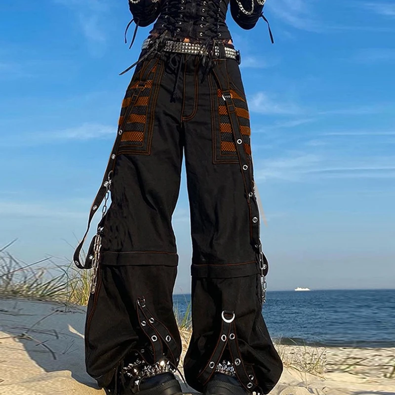 Punk Style Y2k Wid Leg Denim Pants E-girl Gothic Loose Trousers Cyber Grunge Cargo Pants Harajuku High Waist Baggy Jeans Women 2