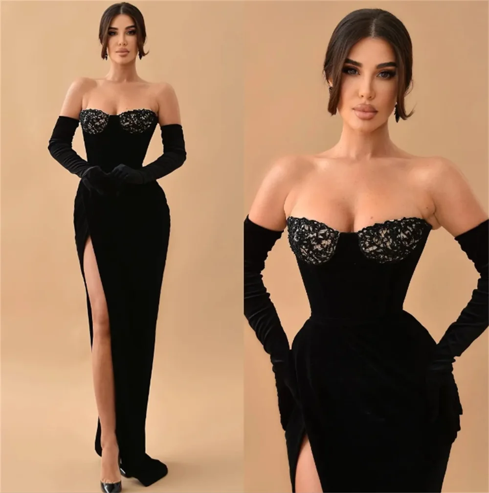 

Elegant Black Prom Dresses Lace Sweetheart Velvet Sheath Evening Dress Pleats Slit Formal Party dress فساتين سهرات فخمه طويلة