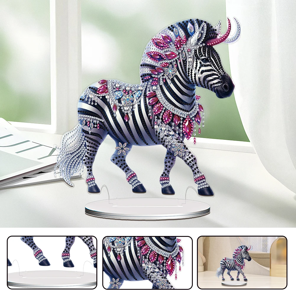 Acrylic Special Shape Zebra Diamond Painting Desktop Ornaments Kit 5D DIY Diamond Art Tabletop Decorations for Home Office Decor