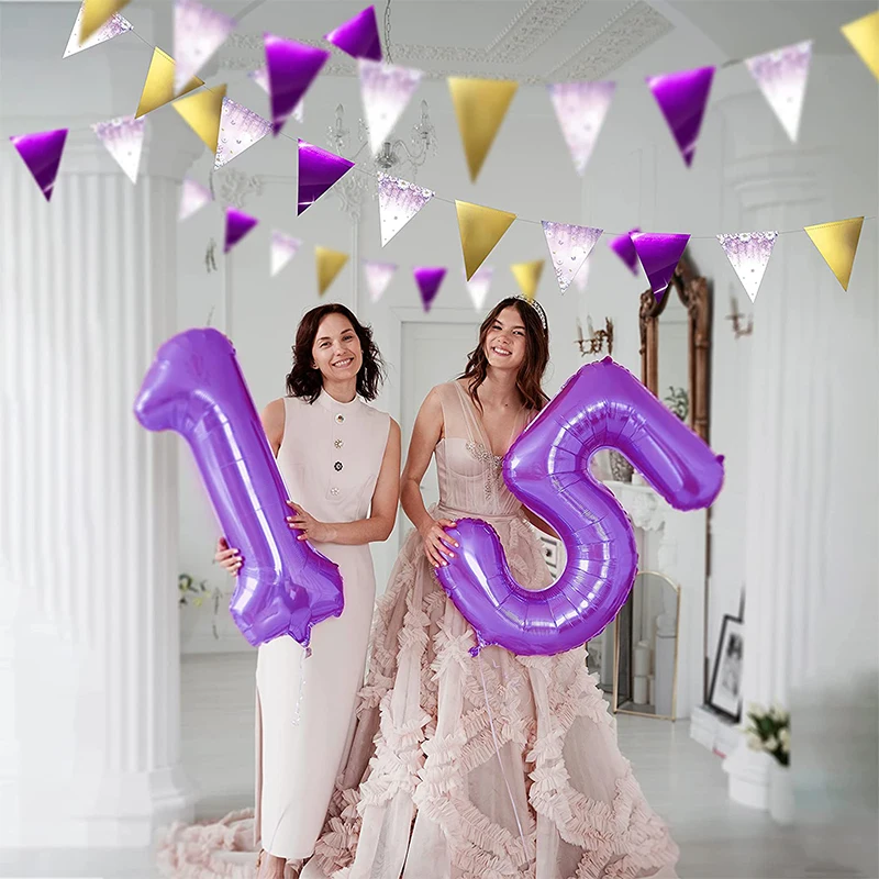 Viola Lavanda Party Flags Decorazione Per Ragazze Oro Viola Bianco 13Th 16Th 18Th 30Th Birthday Garland Banner Sfondo Streamer