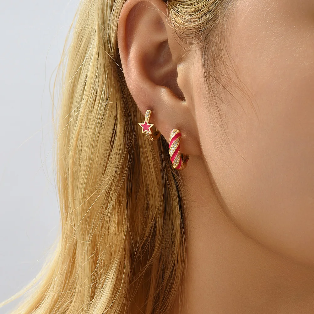 Trendy Colorful Enamel Twist Round Hoop Earrings Set Small Geometric Star Square CZ Zircon Huggies Ear Buckle Jewelry for Women